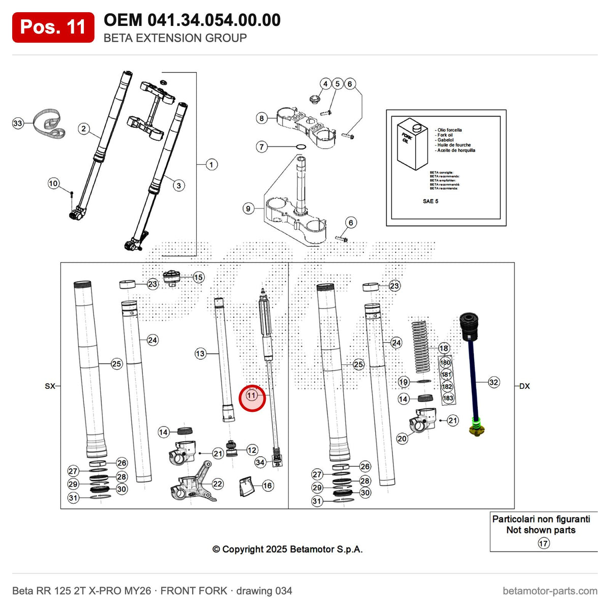 BETA EXTENSION GROUP_2 – OEM 041.34.054.00.00, position 11 on the Beta RR 125 2T X-PRO MY26 front fork drawing