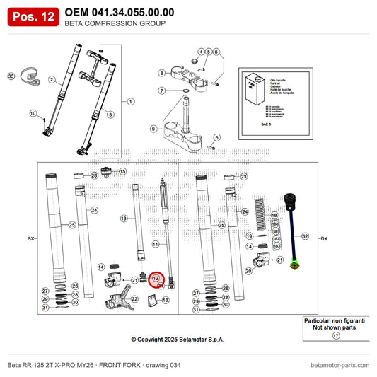 BETA COMPRESSION GROUP_2 – OEM 041.34.055.00.00, position 12 on the Beta RR 125 2T X-PRO MY26 front fork drawing