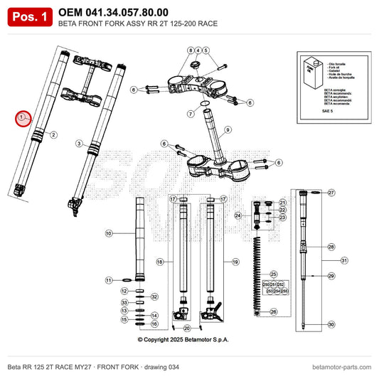 BETA FRONT FORK ASSY RR 2T 125-200 RACE – OEM 041.34.057.80.00, position 1 on the Beta RR 125 2T RACE MY27 front fork drawing