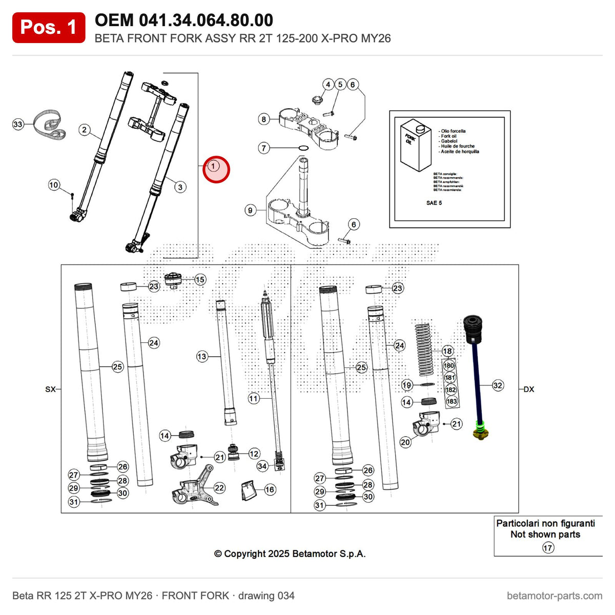 BETA FRONT FORK ASSY RR 2T 125-200 X-PRO MY26 – OEM 041.34.064.80.00, position 1 on the Beta RR 125 2T X-PRO MY26 front fork drawing