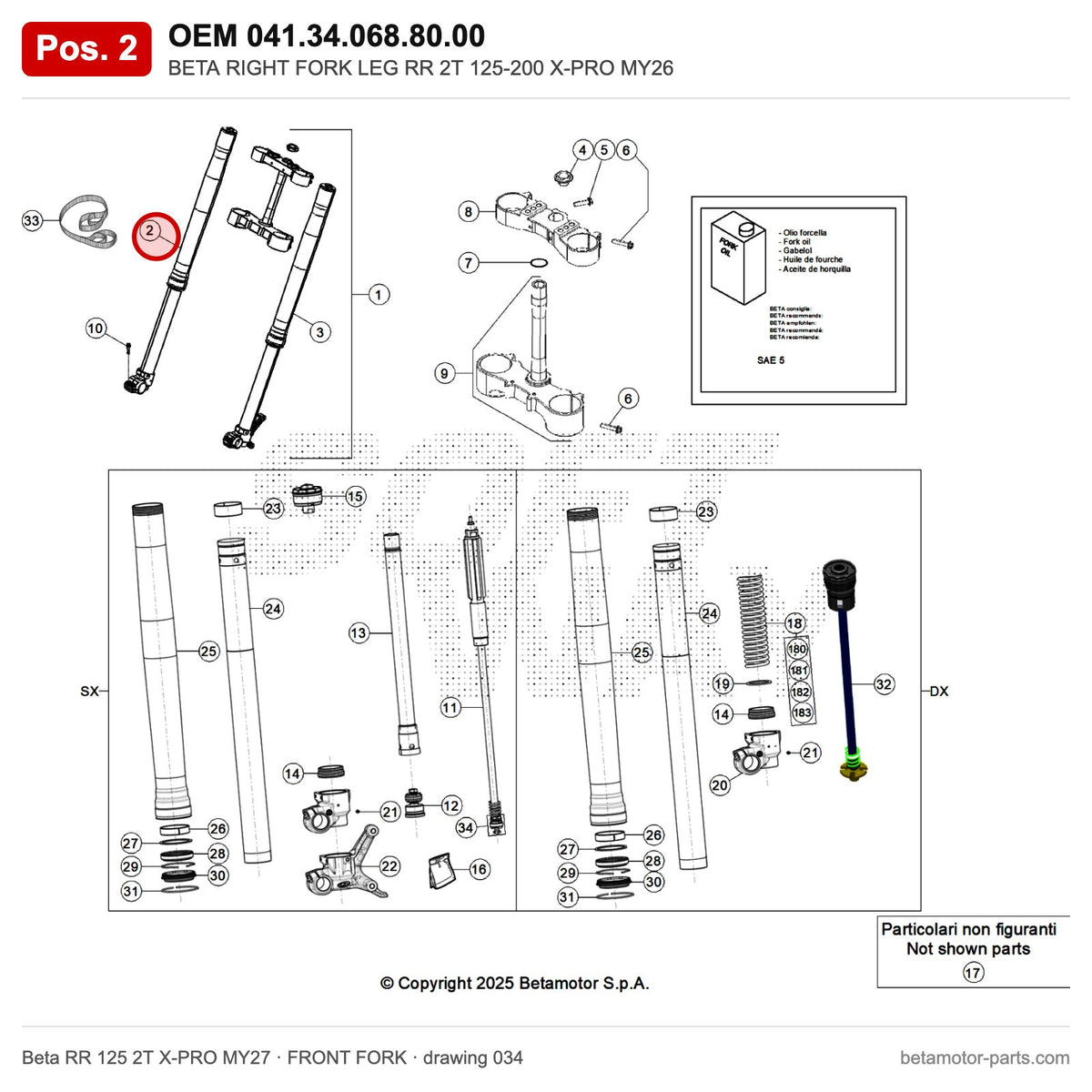 BETA RIGHT FORK LEG RR 2T 125-200 X-PRO MY26 – OEM 041.34.068.80.00, position 2 on the Beta RR 125 2T X-PRO MY27 front fork drawing