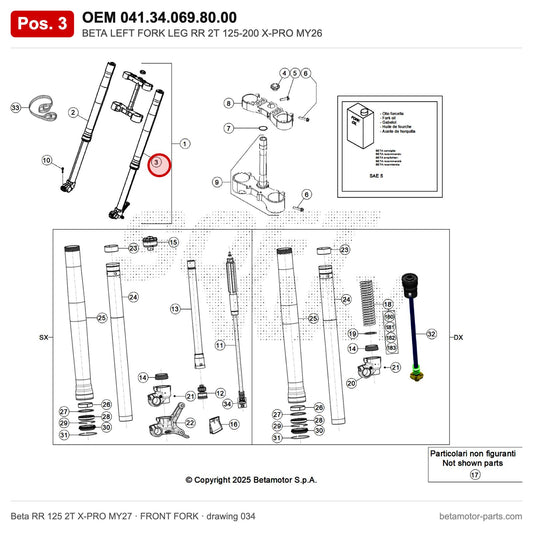 BETA LEFT FORK LEG RR 2T 125-200 X-PRO MY26 – OEM 041.34.069.80.00, position 3 on the Beta RR 125 2T X-PRO MY27 front fork drawing
