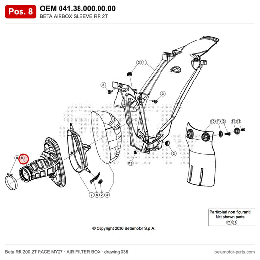 BETA AIRBOX SLEEVE RR 2T – OEM 041.38.000.00.00, position 8 on the Beta RR 200 2T RACE MY27 air filter box drawing