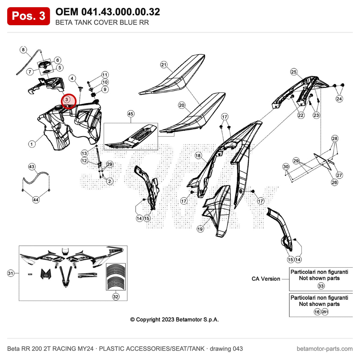 BETA TANK COVER BLUE RR – OEM 041.43.000.00.32, position 3 on the Beta RR 200 2T RACING MY24 plastic accessories/seat/tank drawing