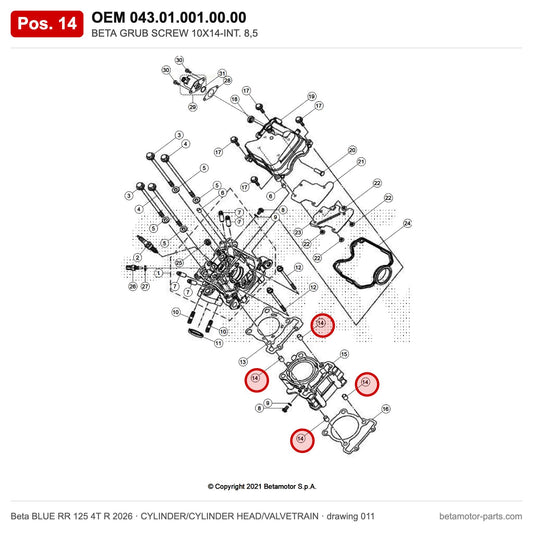 BETA GRUB SCREW 10X14-INT. 8,5 – OEM 043.01.001.00.00, position 14 on the Beta BLUE RR 125 4T R 2026 cylinder/cylinder head/valvetrain drawing