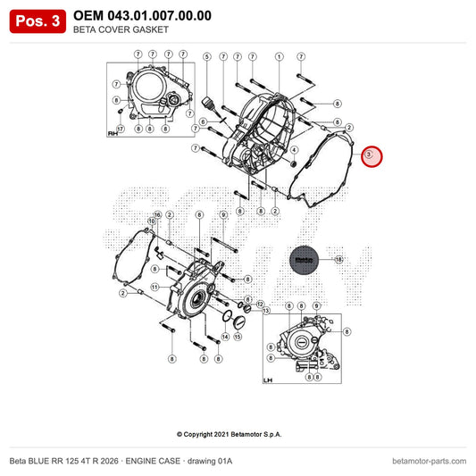 BETA COVER GASKET – OEM 043.01.007.00.00, position 3 on the Beta BLUE RR 125 4T R 2026 engine case drawing