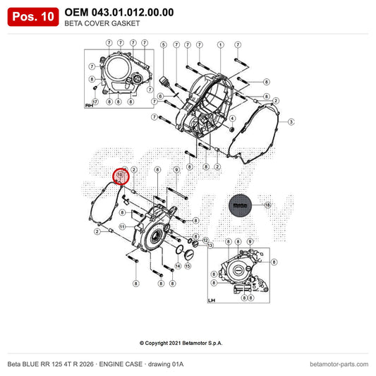 BETA COVER GASKET – OEM 043.01.012.00.00, position 10 on the Beta BLUE RR 125 4T R 2026 engine case drawing
