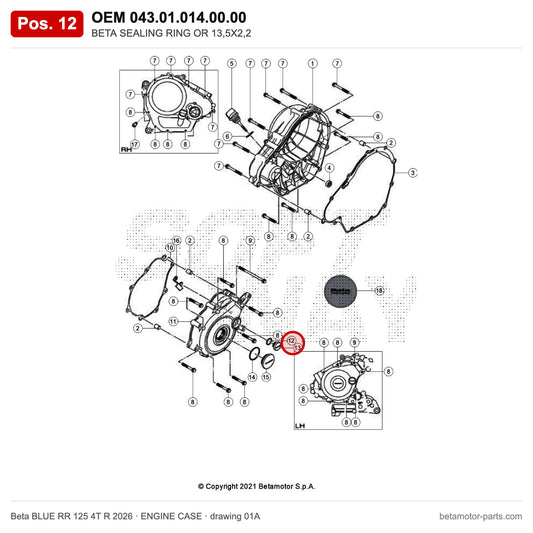 BETA SEALING RING OR 13,5X2,2 – OEM 043.01.014.00.00, position 12 on the Beta BLUE RR 125 4T R 2026 engine case drawing