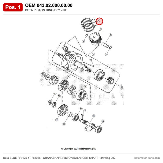 BETA PISTON RING D52 -KIT – OEM 043.02.000.00.00, position 1 on the Beta BLUE RR 125 4T R 2026 crankshaft/piston/balancer shaft drawing