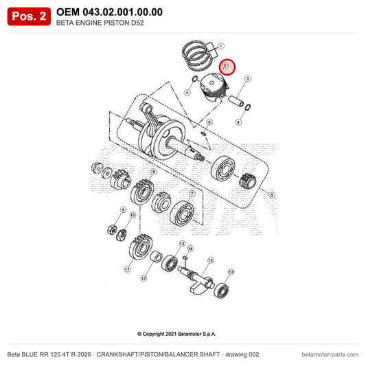 BETA ENGINE PISTON D52 – OEM 043.02.001.00.00, position 2 on the Beta BLUE RR 125 4T R 2026 crankshaft/piston/balancer shaft drawing
