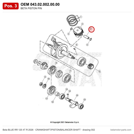 BETA PISTON PIN – OEM 043.02.002.00.00, position 3 on the Beta BLUE RR 125 4T R 2026 crankshaft/piston/balancer shaft drawing