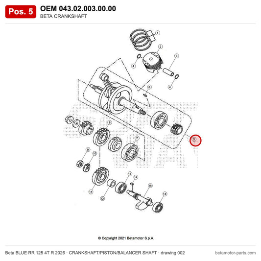 BETA CRANKSHAFT – OEM 043.02.003.00.00, position 5 on the Beta BLUE RR 125 4T R 2026 crankshaft/piston/balancer shaft drawing