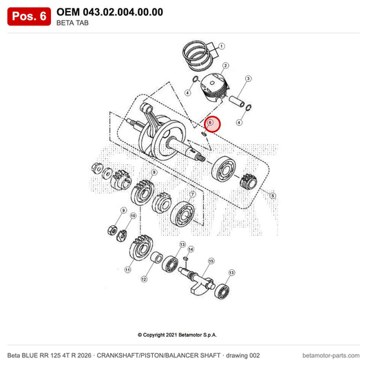 BETA TAB – OEM 043.02.004.00.00, position 6 on the Beta BLUE RR 125 4T R 2026 crankshaft/piston/balancer shaft drawing