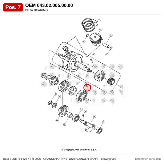 BETA BEARING – OEM 043.02.005.00.00, position 7 on the Beta BLUE RR 125 4T R 2026 crankshaft/piston/balancer shaft drawing