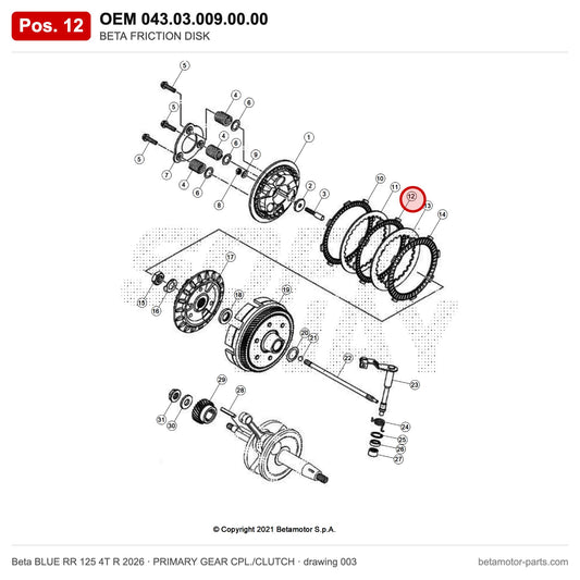 BETA FRICTION DISK – OEM 043.03.009.00.00, position 12 on the Beta BLUE RR 125 4T R 2026 primary gear cpl./clutch drawing