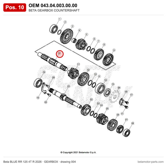 BETA GEARBOX COUNTERSHAFT – OEM 043.04.003.00.00, position 10 on the Beta BLUE RR 125 4T R 2026 gearbox drawing