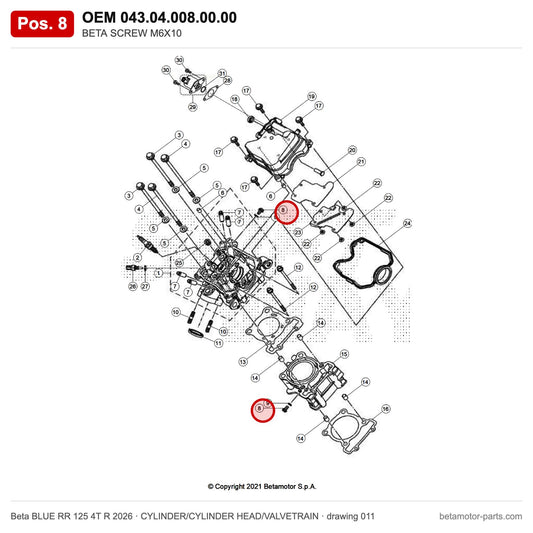 BETA SCREW M6X10 – OEM 043.04.008.00.00, position 8 on the Beta BLUE RR 125 4T R 2026 cylinder/cylinder head/valvetrain drawing