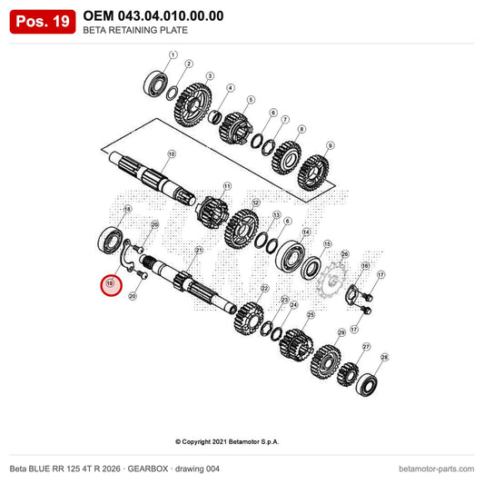 BETA RETAINING PLATE – OEM 043.04.010.00.00, position 19 on the Beta BLUE RR 125 4T R 2026 gearbox drawing