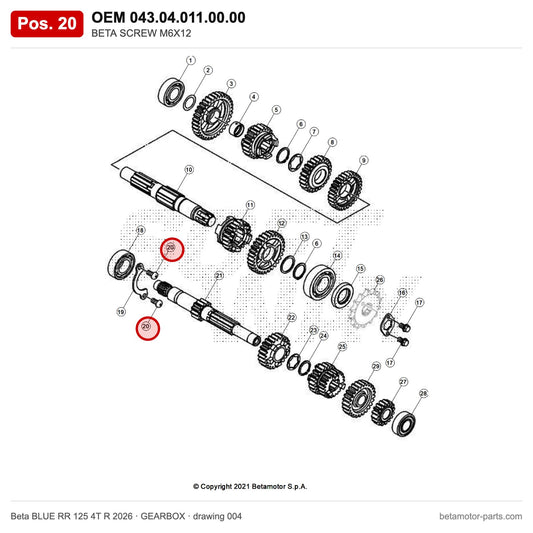 BETA SCREW M6X12 – OEM 043.04.011.00.00, position 20 on the Beta BLUE RR 125 4T R 2026 gearbox drawing