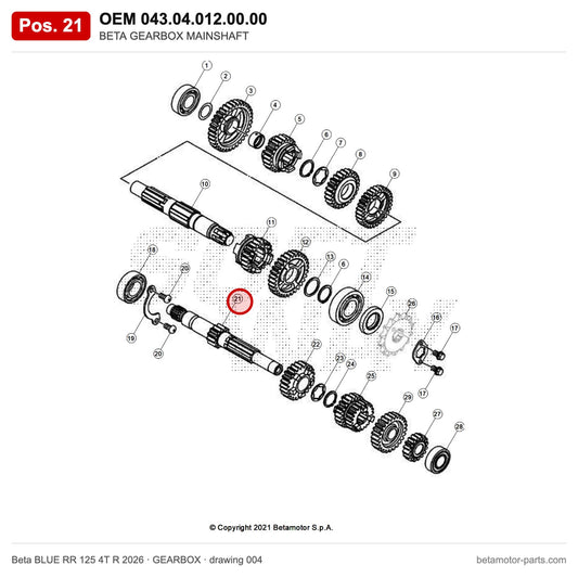 BETA GEARBOX MAINSHAFT – OEM 043.04.012.00.00, position 21 on the Beta BLUE RR 125 4T R 2026 gearbox drawing