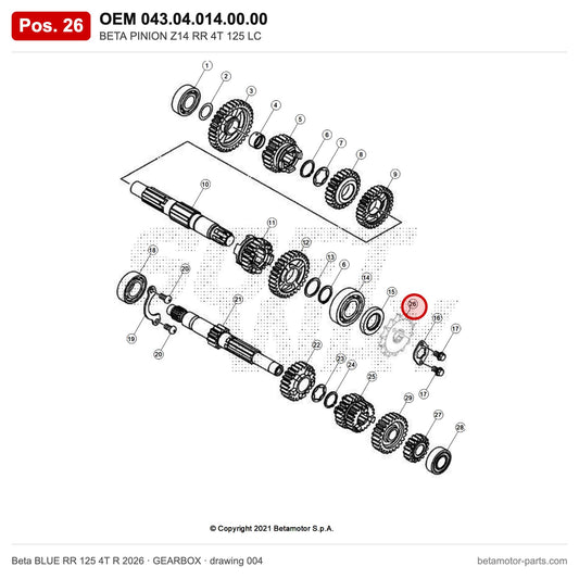 BETA PINION Z14 RR 4T 125 LC – OEM 043.04.014.00.00, position 26 on the Beta BLUE RR 125 4T R 2026 gearbox drawing
