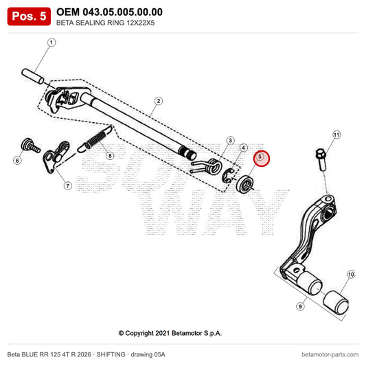 BETA SEALING RING 12X22X5 – OEM 043.05.005.00.00, position 5 on the Beta BLUE RR 125 4T R 2026 shifting drawing