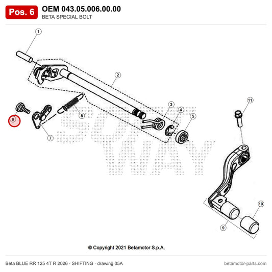 BETA SPECIAL BOLT – OEM 043.05.006.00.00, position 6 on the Beta BLUE RR 125 4T R 2026 shifting drawing