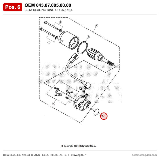 BETA SEALING RING OR 25,5X2,4 – OEM 043.07.005.00.00, position 6 on the Beta BLUE RR 125 4T R 2026 elettricstarter drawing