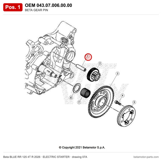 BETA GEAR PIN – OEM 043.07.006.00.00, position 1 on the Beta BLUE RR 125 4T R 2026 elettricstarter drawing