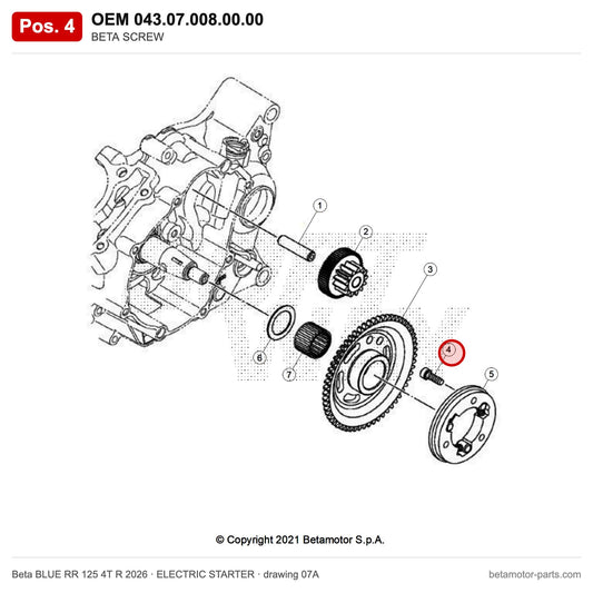 BETA SCREW – OEM 043.07.008.00.00, position 4 on the Beta BLUE RR 125 4T R 2026 elettricstarter drawing