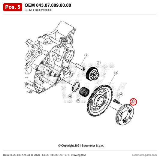 BETA FREEWHEEL – OEM 043.07.009.00.00, position 5 on the Beta BLUE RR 125 4T R 2026 elettricstarter drawing