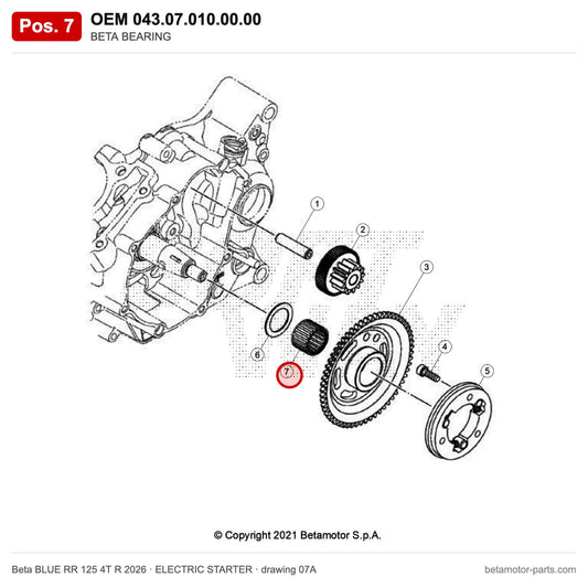 BETA BEARING – OEM 043.07.010.00.00, position 7 on the Beta BLUE RR 125 4T R 2026 elettricstarter drawing