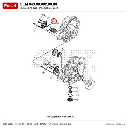 BETA SEALING RING OR 53,6X2,4 – OEM 043.08.002.00.00, position 4 on the Beta BLUE RR 125 4T R 2026 lubrication system drawing