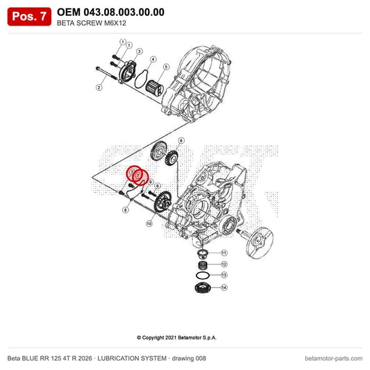 BETA SCREW M6X12 – OEM 043.08.003.00.00, position 7 on the Beta BLUE RR 125 4T R 2026 lubrication system drawing