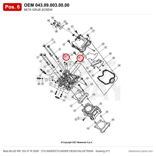 BETA GRUB SCREW – OEM 043.09.003.00.00, position 6 on the Beta BLUE RR 125 4T R 2026 cylinder/cylinder head/valvetrain drawing