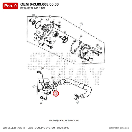BETA SEALING RING – OEM 043.09.008.00.00, position 9 on the Beta BLUE RR 125 4T R 2026 cooling system drawing