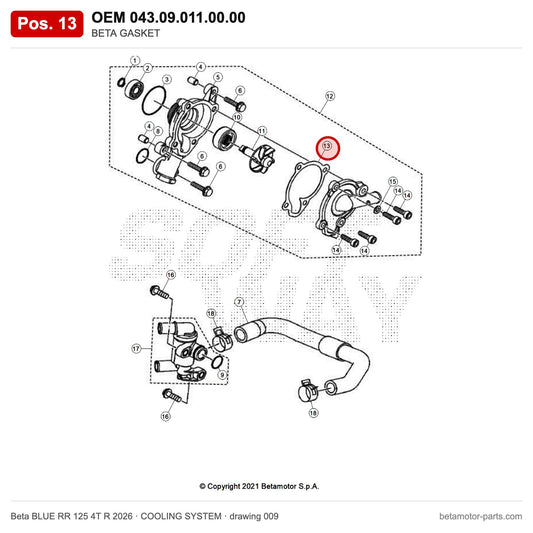 BETA GASKET – OEM 043.09.011.00.00, position 13 on the Beta BLUE RR 125 4T R 2026 cooling system drawing