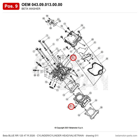 BETA WASHER – OEM 043.09.013.00.00, position 9 on the Beta BLUE RR 125 4T R 2026 cylinder/cylinder head/valvetrain drawing