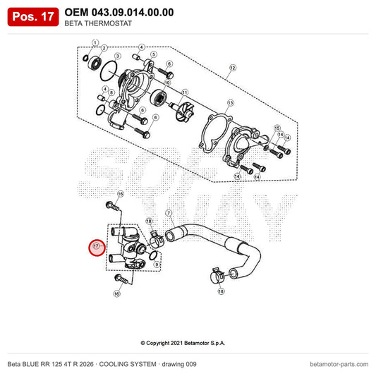 BETA THERMOSTAT – OEM 043.09.014.00.00, position 17 on the Beta BLUE RR 125 4T R 2026 cooling system drawing
