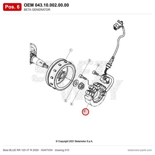 BETA GENERATOR – OEM 043.10.002.00.00, position 6 on the Beta BLUE RR 125 4T R 2026 ignition drawing