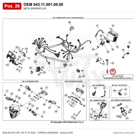 BETA SPARKPLUG – OEM 043.11.001.00.00, position 26 on the Beta BLACK RR 125 4T R 2025 wiring harness drawing