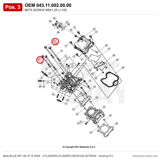 BETA SCREW M8X1,25 L=155 – OEM 043.11.002.00.00, position 3 on the Beta BLUE RR 125 4T R 2026 cylinder/cylinder head/valvetrain drawing