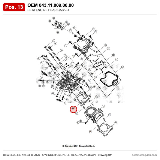BETA ENGINE HEAD GASKET – OEM 043.11.009.00.00, position 13 on the Beta BLUE RR 125 4T R 2026 cylinder/cylinder head/valvetrain drawing