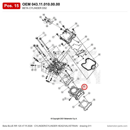 BETA CYLINDER D52 – OEM 043.11.010.00.00, position 15 on the Beta BLUE RR 125 4T R 2026 cylinder/cylinder head/valvetrain drawing