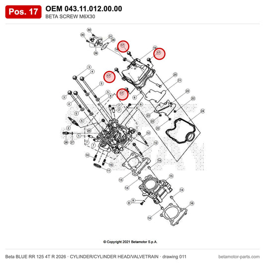 BETA SCREW M6X30 – OEM 043.11.012.00.00, position 17 on the Beta BLUE RR 125 4T R 2026 cylinder/cylinder head/valvetrain drawing