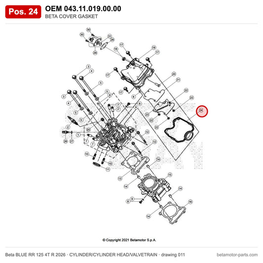 BETA COVER GASKET – OEM 043.11.019.00.00, position 24 on the Beta BLUE RR 125 4T R 2026 cylinder/cylinder head/valvetrain drawing