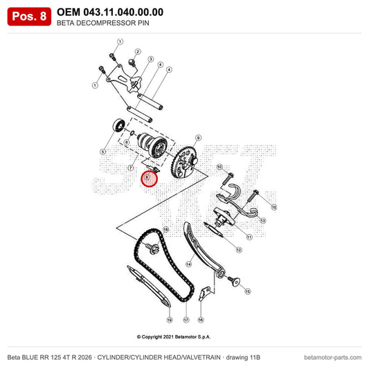 BETA DECOMPRESSOR PIN – OEM 043.11.040.00.00, position 8 on the Beta BLUE RR 125 4T R 2026 cylinder/cylinder head/valvetrain drawing