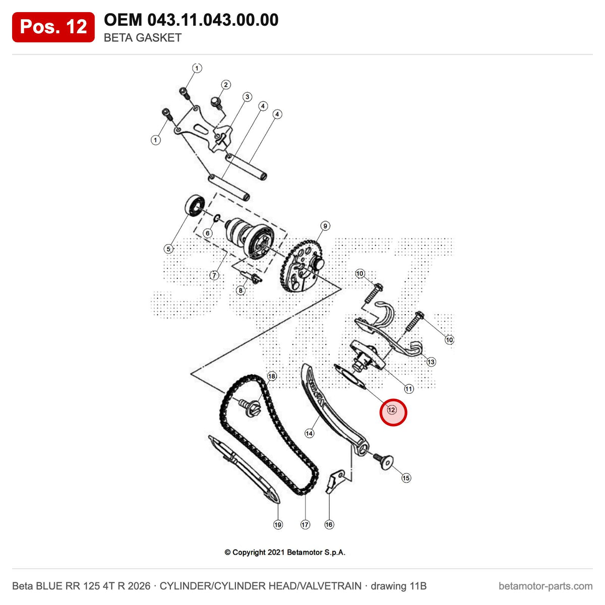 BETA GASKET – OEM 043.11.043.00.00, position 12 on the Beta BLUE RR 125 4T R 2026 cylinder/cylinder head/valvetrain drawing