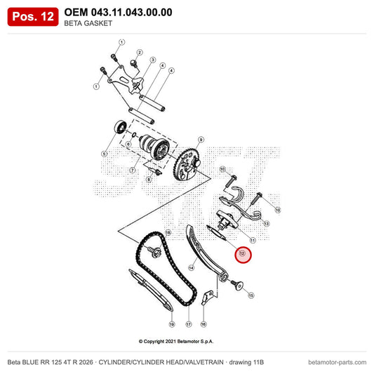 BETA GASKET – OEM 043.11.043.00.00, position 12 on the Beta BLUE RR 125 4T R 2026 cylinder/cylinder head/valvetrain drawing