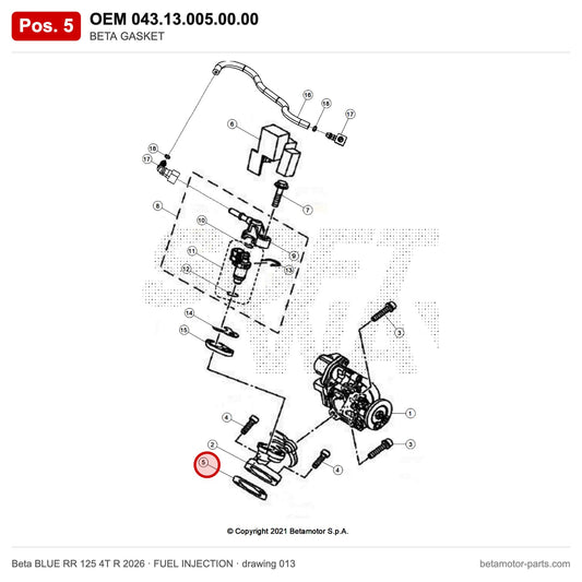 BETA GASKET – OEM 043.13.005.00.00, position 5 on the Beta BLUE RR 125 4T R 2026 fuel injection drawing